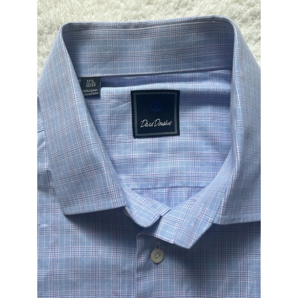 David Donahue‎  Men's Size 17.5 32/33 Long Sleeve Blue and Pink Plaid Button Up